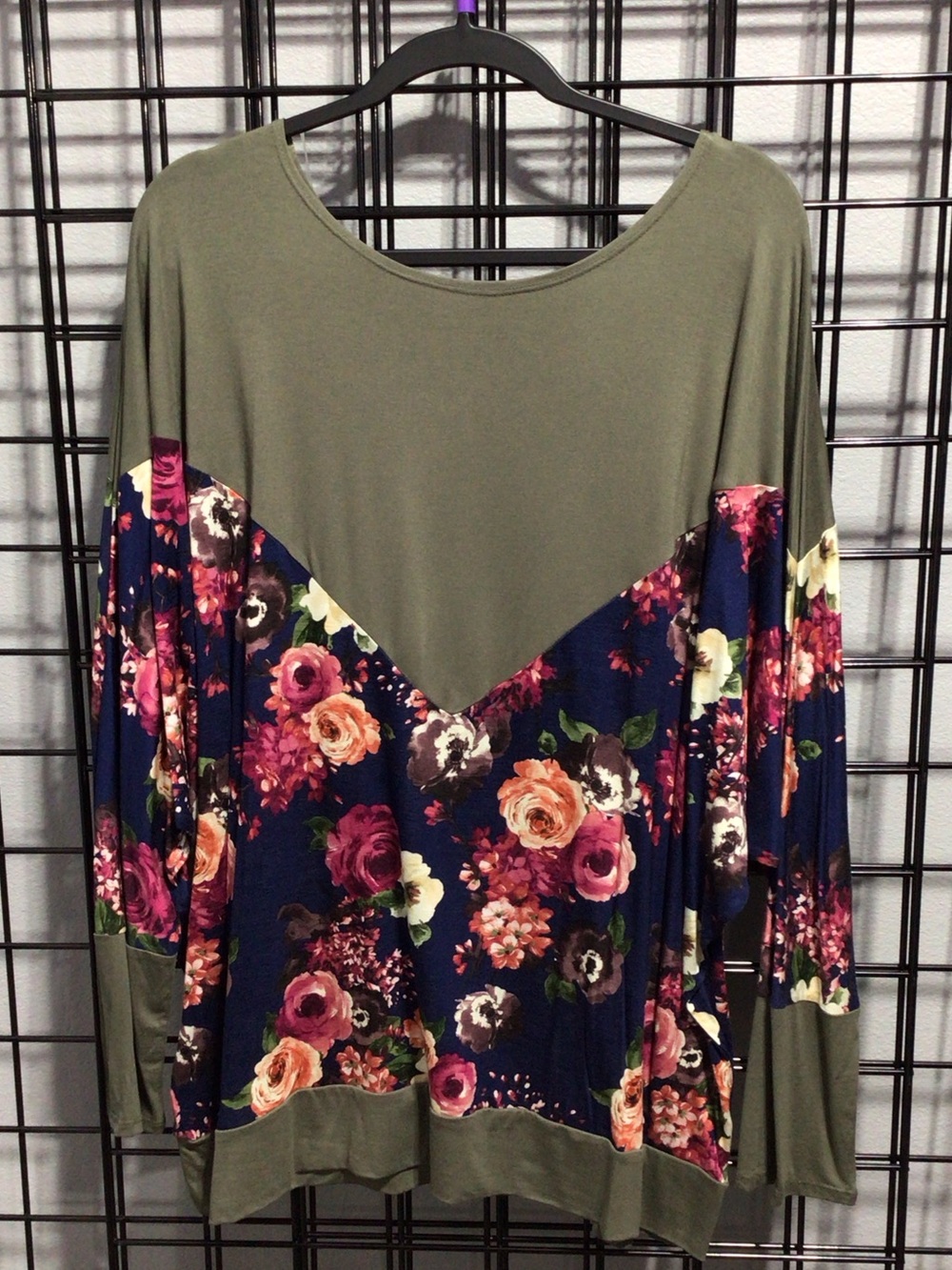 a.gain Olive & Navy Floral V‑Panel Long Sleeve Shirt